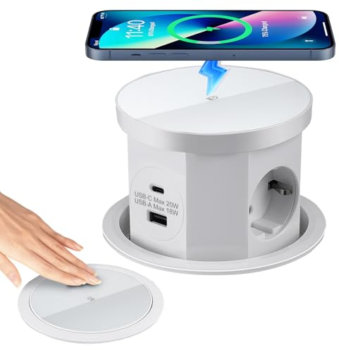 Bloc Prise Encastrable Plan de Travail Multiprise Encastrable, Prise de Table Escamotable 3 Prises avec 1 USB C 1 USB A - Table Rétractable - avec Chargeur sans Fil (Blanc)