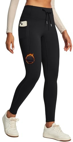 IUGA Women's Fleece Lined Leggings Water Resistant High Waisted Thermal Leggings Winter Pants with Pockets Running Ski Hiking Black