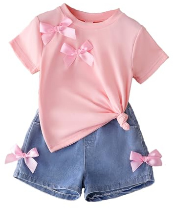 Eqenkely Conjunto Ropa para Niña Tee Shirt de Manga Corta y Pantalones Cortos Vaqueros Traje de Verano Conjuntos Moda Ocio dos Piezas para Niño