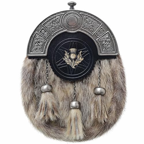 Scottish Kilt Sporrans For Men - Celtic Knot Full Dress Badge Style Sporran Antique Finish - Leather Sporran with Chain Belt - Traditional Highland Wear