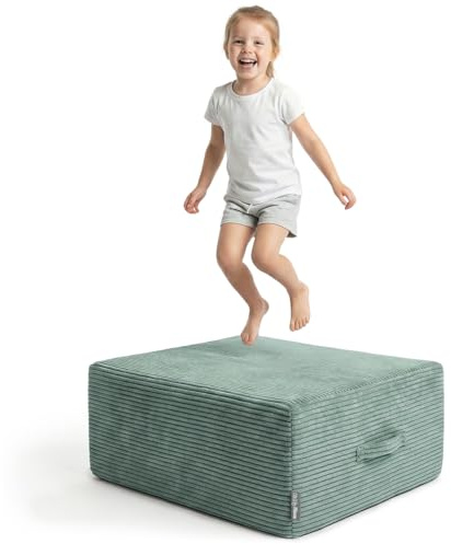 KiddyMoon Mini Trampolin Interior Ninos Cojin Puf 2 En 1 Muelles Funda Extraible Tejido Acanalado Dos Asas Desde 3 Anos, Verde,Trampolin
