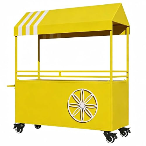 Bärbar Mobil Gatuförsäljare Matvagn, Järnmatvagnsdisplay med Tak och Hjul för Gata, Fester, Marknad(Yellow,160cm/63in)
