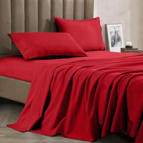 CELINE LINEN Premium 1800 Hotel Quality Wrinkle-Resistant 4-Piece Microfiber Sheet Set - Luxury Ultra Soft and Breathable Bedding 16 Inch Deep Pocket 4PC Sheet Set, Queen, Red