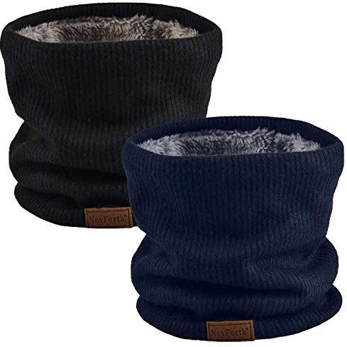 NovForth Neck Warmer Double-Layer Fleece Lining Knit Winter Infinity Scarf Chunky Thick Windproof Circle Loop Scarves Navy and Black Pack of 2