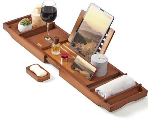 XcE Bamboo Bathtub Caddy Tray - Expandable to 41 Inches with Book Stand, Soap Holder & Anti-Slip Pads for Luxury Bath Spa, Brown