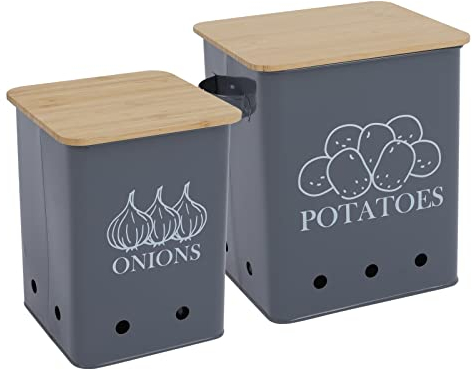 Xbopetda Kartoffel-Vorratsdose, 2er-Set für Kartoffeln, Zwiebeln, Aufbewahrungsbehälter mit Belüftungslöchern und Holzdeckel, für Küche, Speisekammer, Gemüse, Frischhaltedose (grau)