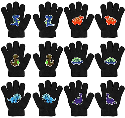 QKURT 6 Pairs Magic Gloves for 5~13 Year Old Kids, Black Full Finger Winter Gloves Magic Stretch Gloves Knitted Warm Gloves for School Commuting Outdoor Playing
