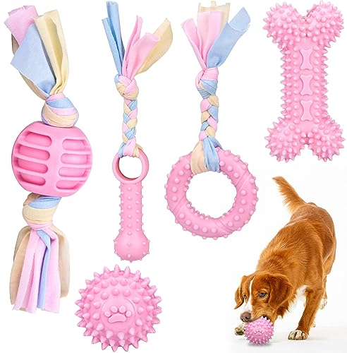 LoQuick 5 Stück Welpen Spielzeug für Hunde, Welpenzahnspielzeug, Welpenspielzeug mit interaktiven Baumwollseilen zum Zahnen Kleiner Hunde, Gummi Welpenkauspielzeug, Kauen Hundespielzeug Set