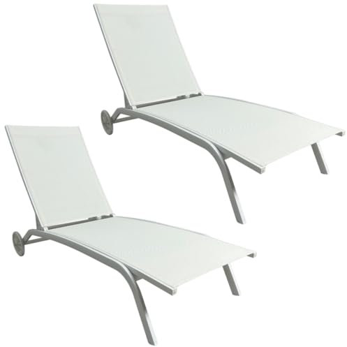 MOMMAHOME® Pack 2 Tumbonas Jardin Exterior - Reclinable 4 Posiciones, Terraza y Piscina, Ruedas de Aluminio, Textilene Blanco, Mallorca, Color Blanco, 193x61x30/94 cm