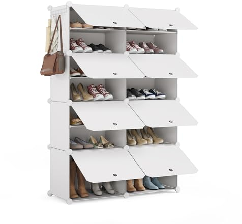 Mondeer Schuhregal, 8-stufiger Kunststoff Schuhschrank, Modulares Schuhaufbewahrung, Staub- und Wasserabweisend, Platzsparendes, hält 32 Paar Schuhe für Foyer, Schlafzimmer, Wohnzimmer, Weiß