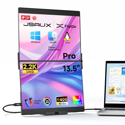 JSAUX FlipGo Pro 13.5 Dual Laptop Screen Extender, 2.2K Triple Monitor Display Erweiterung, Laptop Bildschirm Erweiterung für Windows/macOS/Linux, Ein-Kabel-Verbindung/Magnetisches Design/DisplayLink