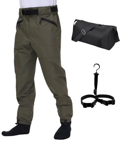VZKAK Fishing Waders for Men and Women,Wading Pants with Neoprene Stocking Foot,Fishing Waist Waders Pants with Pockets