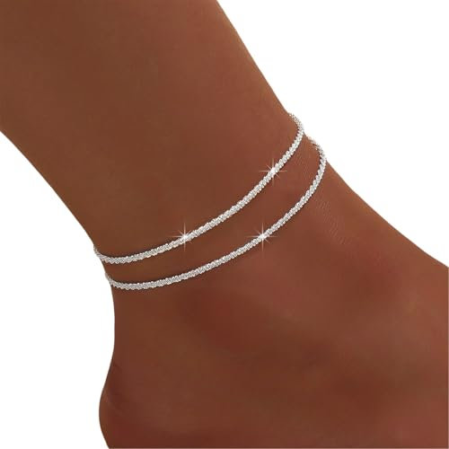 Bzzerumy 925 Silber Fußkettchen für Damen - Doppelte Fußkette für Frauen - Eleganter und Funkelnder Schmuck für den Knöchel - Hochwertige Fußketten für Frauen - Fußschmuck in Silber