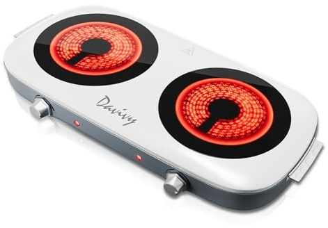 Davivy Hot Plate Electric Double Burner,1800W Rapid Heating Portable Cooktop with 7.9inch Crystallite Ceramic Glass Top,Flexible Temperature Settings,Lightweight Design for Cooking (Double-White)