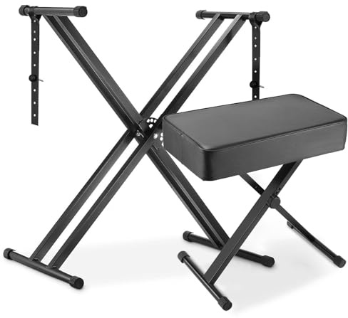Supporto Tastiera e Sgabello Pianoforte Regolabile, Pieghevole, Doppio Telaio a X, Cuscino Spesso, Portata 100KG, Nero