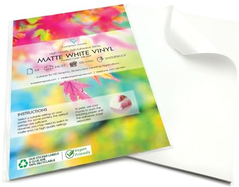 Evergreen Goods A4 White Matte Self-Adhesive Vinyl Sticker | 100 Sheets | Waterproof & Printable | Compatible with Cutting Machines | Sticky Back | Customisable Sticker Labels