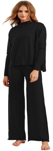 Veriliss Women's 2 Piece Outfits Sweater Set Wide Leg Pants Knit Pullover Tops Sweatsuit Loungewear Lounge Matching Tracksuit Sets(Black,M)