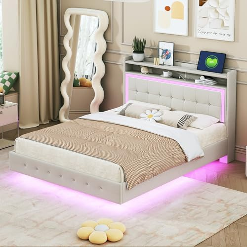KEYIDE Letto imbottito 160x200 cm con illuminazione LED e ricarica USB, letto matrimoniale con spazio di archiviazione, testiera e rete a doghe, letto per ragazzi con cassetto, in lino, senza