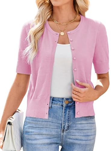 Newshows Short Sleeve Cardigan for Women UK Summer Cropped Cardigan Knitted Buttons Down Bolero Shrug Hot Pink,L