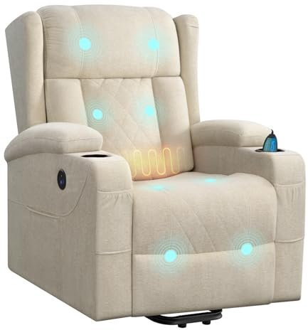 WOLTU Massagesessel, elektrisch verstellbar, mit Liegefunktion Aufstehhilfe, Massage Heizung Fußstütze Seitentaschen Becherhaltern USB-Port, Frottee, Beige