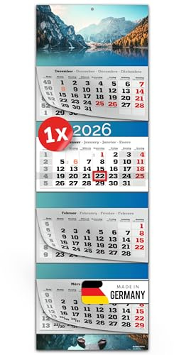 PRIMUS PRINT XXL Kalender 2026 - Mehrblock Wandkalender - 4-Monatskalender - mit Datum Schieber, Kalender zum Aufhängen - inklusive Feiertagen & Ferien - verschiedene Motive - [ 1x Pragser Wildsee ]