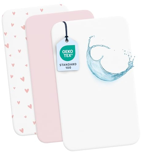 Dreamzie 2 Sabanas Minicuna + 1 Protector Colchón Cuna Impermeable Bebe⎥100% Algodón para Cuna, Moisés - 50x83 cm Estampado Heart