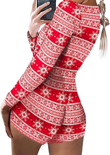 ICNGLKSND Women Christmas Pajamas Romper Bukle Bodycon Jumpsuit V Neck Long Sleeve Pjs Bodysuit Overall Sleepwear Loungewear (Red White Snowflakes, XL)