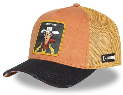 Capslab Gorra de Camionero Naranja y Negra Lucky Luke LCK2 LOB | Estilo Trucker Unisex, Transpirable, Cierre Snapback, Visera Curva, Talla de Adultos | Gorra de Hombre y Gorra de Mujer Auténtica