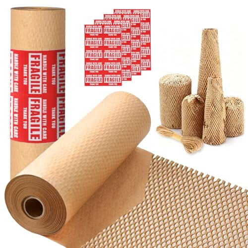 Honeycomb Packing Paper 12 x 200ft,Alternative to Bubble Wrap for Packing/Moving Supplies/Shipping Fragile Items Eco-Friendly & Recyclable Packaging Materials, Includes Fragile Labels & Hemp Ropes