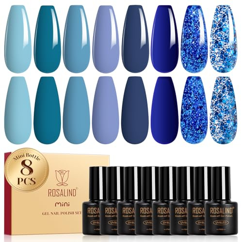 Rosealind UV-nagellack, blå, 8 färger, himmelsblå, ocean, koboltblå, marinblå, mörkblå, färggel, gel, nagellack, blötläggning, mini UV LED, gel, nagelpolish för gelnaglar, manikyr, presentset