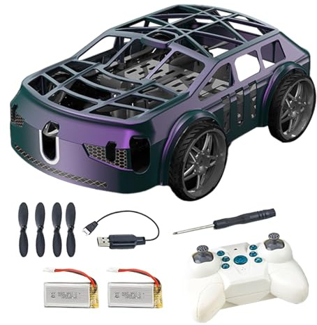 Giocattolo per auto radiocomandato 2 in 1, mini auto radiocomandata con luci a LED, giocattolo Quadricottero telecomandato facile da volare per bambini, blu, viola, due batterie