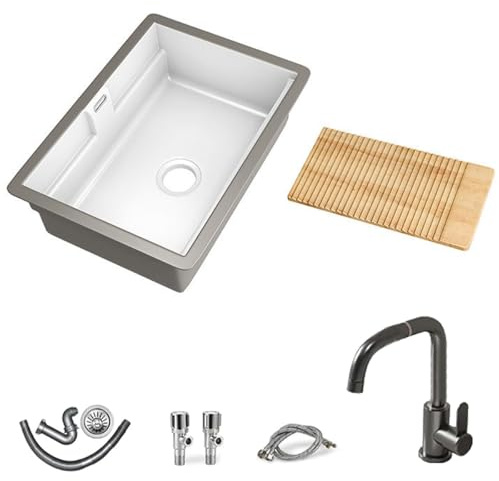 Lavabo de cerámica bajo encimera, lavabo empotrado para balcón con grifo,lavabo de cerámica de baño con tabla de lavar de madera extraíble(500mm/16.7in)