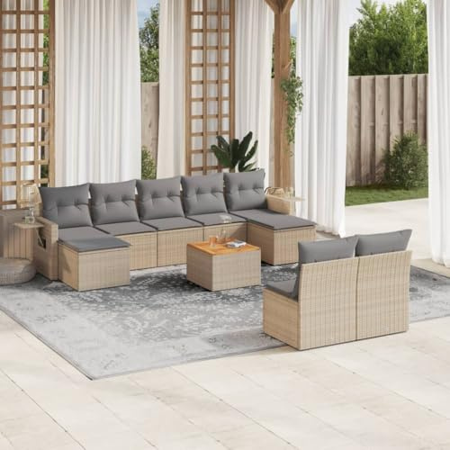 YUTAASU Set di 10 divani da giardino con cuscini beige, in polyrattan, set modulare con tavolino e ripiani, mobili durevoli in rattan sintetico per terrazza, esterni, gruppo di sedute