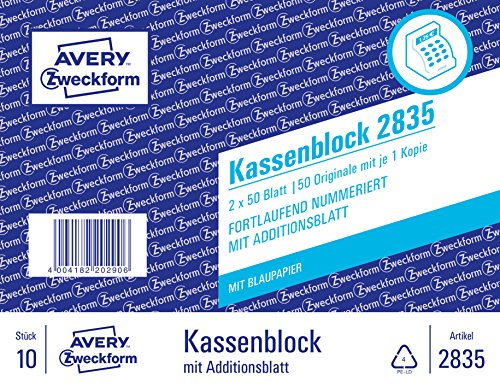 AVERY Zweckform 2835 Kassenblock (100x160mm, mit 1 Blatt Blaupapier, von Rechtsexperten geprüft, für Deutschland u. Österreich zur handschriftlichen Abrechnung im Verkauf, 2x50Blatt) 10 Stk weiß/weiß