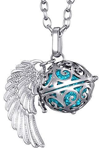 Morella collar ángel de la guarda de acero inoxidable 70 cm con colgante alas de ángel y bola de resonancia de circonita de color turquesa Ø 16 mm para damas en bolsa para joyas