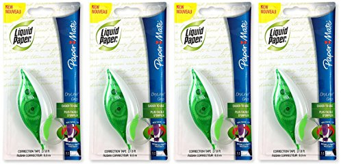 Paper Mate 660415 Liquid Paper DryLine Grip Correction Tape Dispenser, Pack of 4; Transparent Green Body; 1/5 inches Wide x 27.8 feet Long White Tape; Applies Dry, Rewrite Instantly; Swivel Tip