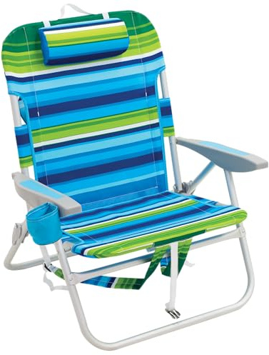 RIO beach Big Boy Folding 13 Inch High Seat Backpack Beach or Camping Chair, Aluminum, Green/Blue Stripe