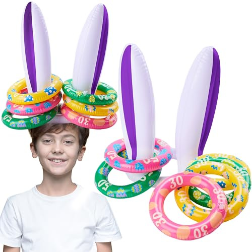 JOYIN Easter Inflatable Bunny Ears Ring Toss Game(2 Set 12 Rings), Inflatable Rabbit Toss Game, Indoor and Outdoor Game for Easter Party Supplies