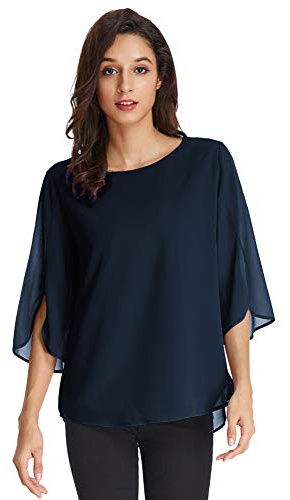 GRACE KARIN Blouse Femme Moderne élégant Chemiser Sexy Col Rond 3/4 Manches Cape en Mousseline de Soie été Bleu Marin XL CLAF0015-18