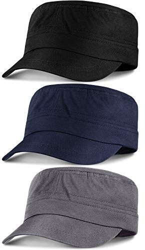 Syhood 3 Pieces Cadet Army Caps Military Army Hat Cotton Fitted Adjustable Twill Flat Caps Solid Color Unisex Cadet Hat Brim for Men Women