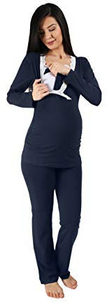 Pigiama da allattamento con pizzo da donna, pigiama premaman per gravidanza con funzione allattamento a maniche lunghe, Dunkelblau, L
