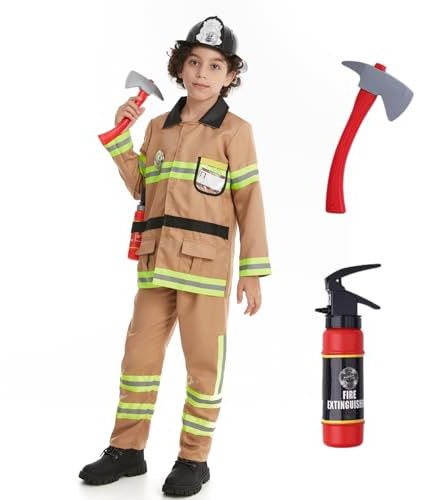 maxToonrain Costume de pompier brun clair 7 pièces pour garçons et filles avec accessoires de pompier pour Halloween, Noël, la journée mondiale du livre, la journée des enfants (2-3 ans)