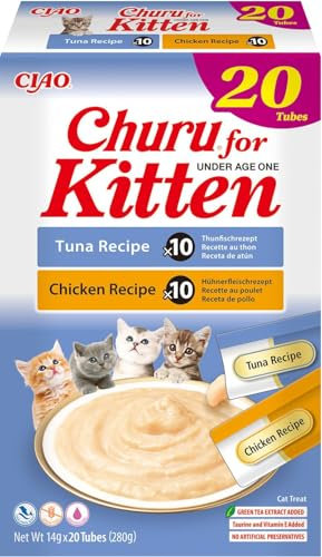 INABA Churu Creamy Snack für Kätzchen mit Omega 3, Taurin, hochwertiges Hühnerfleisch, Katzensnacks Junior 2-12 Monate, Kitten Nassfutter, Einzelzutat, Premium Kitten Leckerlies, 20 x 14g