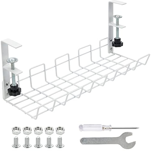 Zhaoyao Under Desk Cable Management Tray, No-Drill Metal Cable Management Basket 38cm, White, with 6pcs Anti-Slip Mat, 1 PCS Small Wrench, 1 PCS Small Cross Screwdriver (White)
