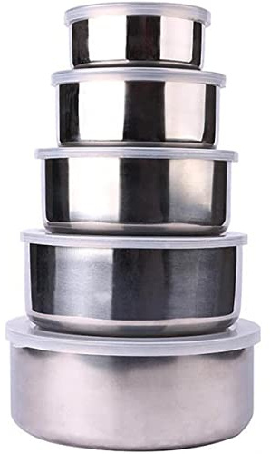 JTWEB 5pcs Mezcla de tazones con tapas de acero inoxidable Mezcla de tazón de anidación Cocina y almacenamiento Tazones de anidación profunda Container de comida plateador Safe para hornear la cocina