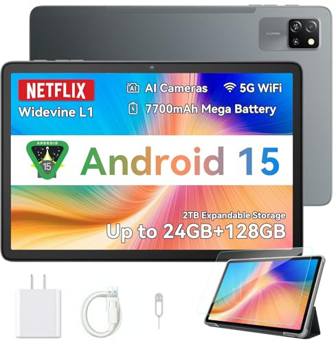 Blackview Tab60Pro Android 15 Tablet 10 inch, 24GB+128GB(TF 2TB) 5G Wi-Fi 4G LTE Gaming Cellular Tablet with Sim Card Slot, 7700mAh 5MP+8MP AI Camera, GPS, Widevine L1, BT5.0 Face ID, with Case