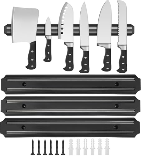 3 Pezzi Barra Magnetica per Coltelli, 33cm Portacoltelli Magnetico in Acciaio Inox, con Magnete Forte e 6 Viti, Calamita Coltelli Cucina, Barra Mmagnetica per Cucina, Ufficio, Sala Attrezzi, Nero