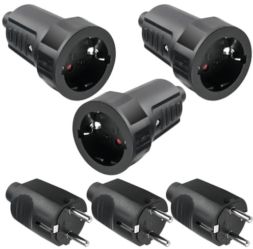 GBKDQQ 3 Paar Schuko Stecker Kupplung, 250V 16A IP44 Schutzkontakt Stecker Gummi Schukokupplung Set mit Knickschutz 2-Polig Aussen Wasserdicht Schwarz Schukostecker und Gummikupplung ohne Kabel