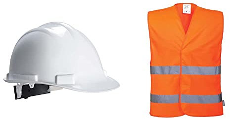 Portwest Casque de sécurité Expertbase, Couleur: Blanc, PW50WHR & Gilet Double Bande, Couleur: Orange, Taille: 4X/5X, C474ORR4X/5X