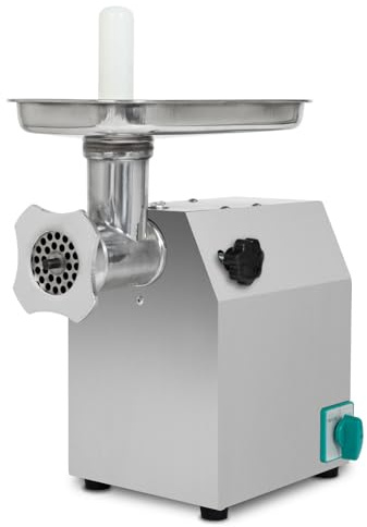 VERTES Hachoir à viande, Hachoir électrique, acier inoxydable, 1100W, 220 kg/h, taille 12, professionnel pour la restauration, 2 bacs de remplissage, 4 disques perforés, 2 couteaux, poussoir